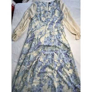 Shein Blue Floral Long Sleeve‎ Midi Dress Sweetheart Neckline High XL EUC
